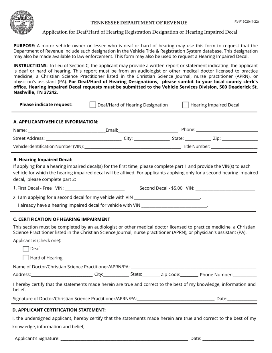 Form RV-F16020 Application for Deaf / Hard of Hearing Registration Designation or Hearing Impaired Decal - Tennessee, Page 1