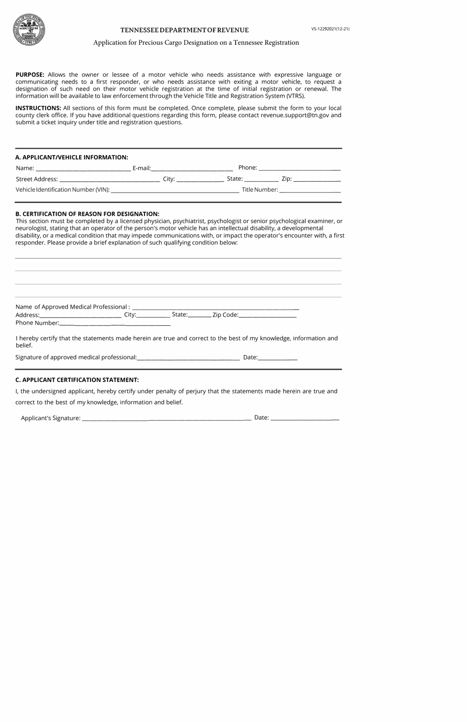 Form VS-12292021 Application for Precious Cargo Designation on a Tennessee Registration - Tennessee, Page 1