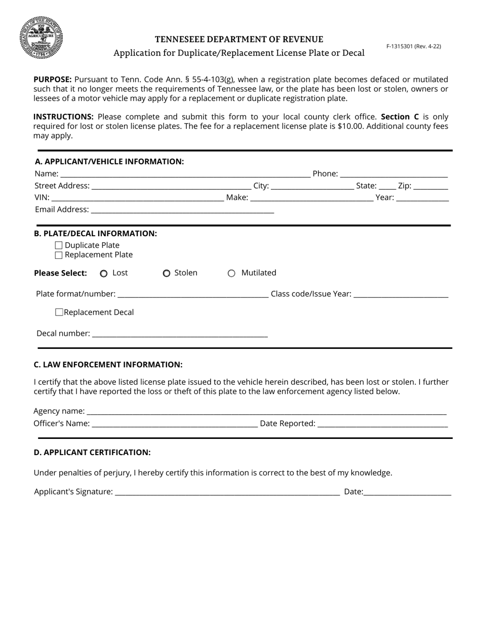 Form F-1315301 Application for Duplicate / Replacement License Plate or Decal - Tennessee, Page 1
