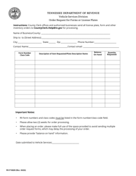Document preview: Form RV-F16029 Order Request for Forms or License Plates - Tennessee