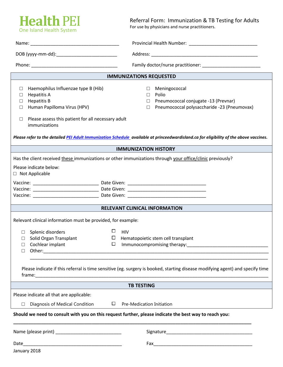 Referral Form: Immunization  Tb Testing for Adults - Prince Edward Island, Canada, Page 1