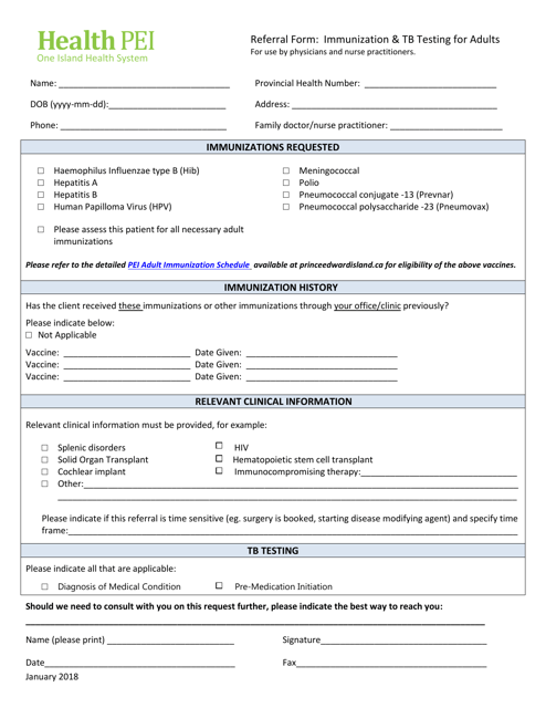 Referral Form: Immunization & Tb Testing for Adults - Prince Edward Island, Canada Download Pdf