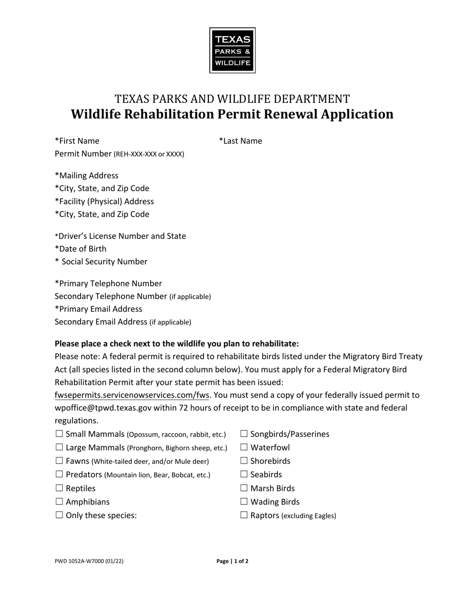 Form PWD1052A Wildlife Rehabilitation Permit Renewal Application - Texas, Page 1