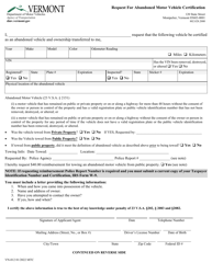 Form VN-012 &quot;Request for Abandoned Motor Vehicle Certification&quot; - Vermont