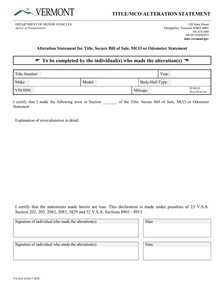 Form VN-020 Title / Mco Alteration Statement - Vermont, Page 1