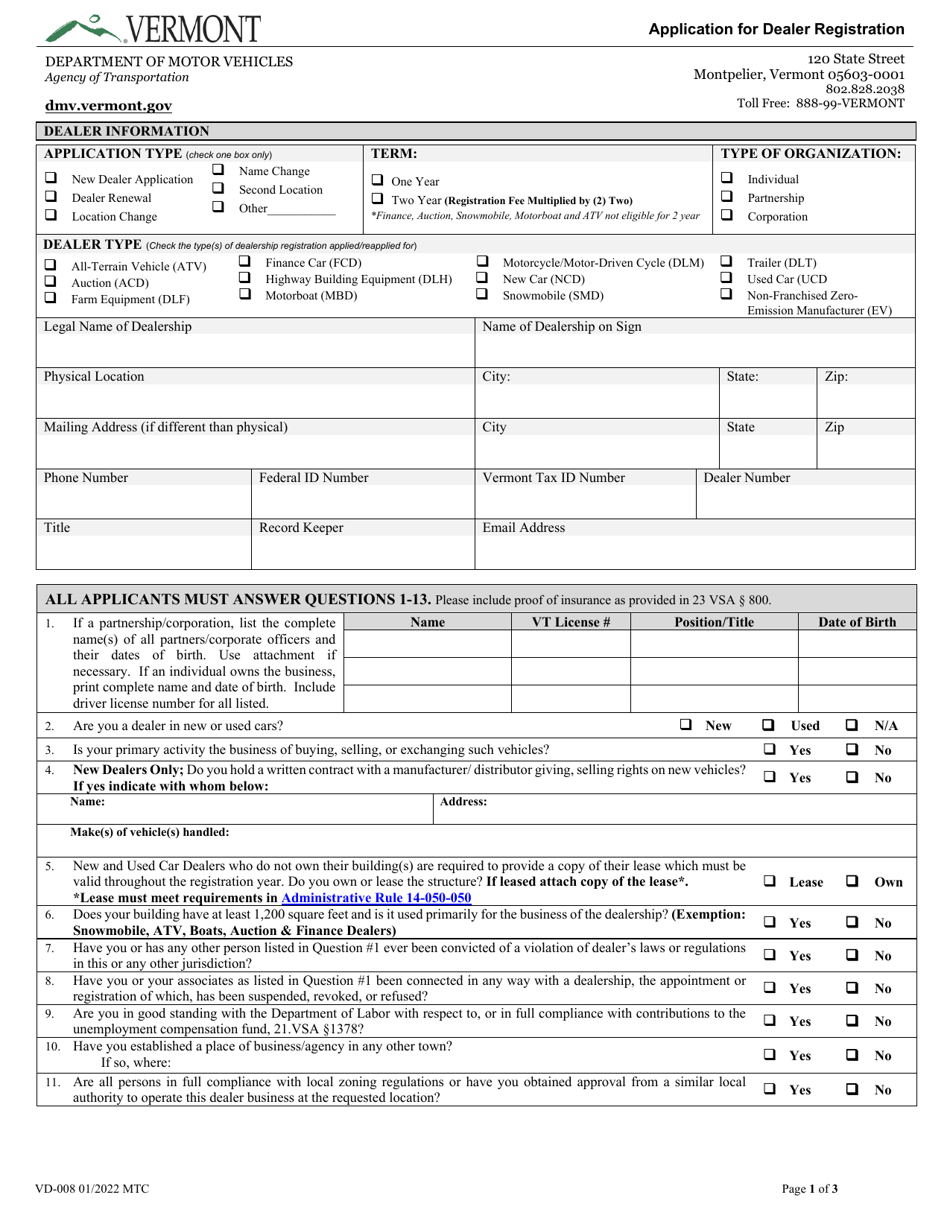 Form VD-008 Download Fillable PDF or Fill Online Application for Dealer ...