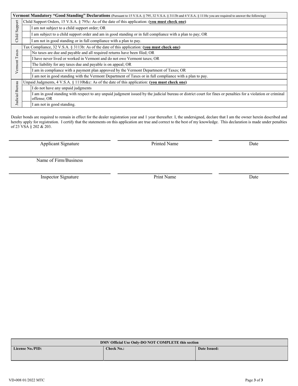 Form VD-008 Application for Dealer Registration - Vermont, Page 3