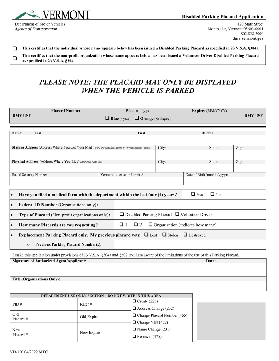 Form VD-120 Disabled Parking Placard Application - Vermont, Page 1