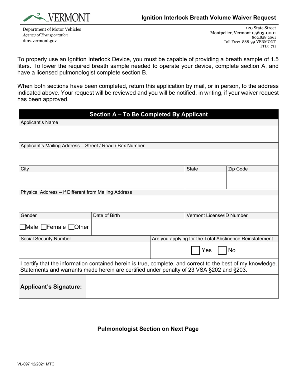 Form VL097 Download Fillable PDF or Fill Online Ignition Interlock