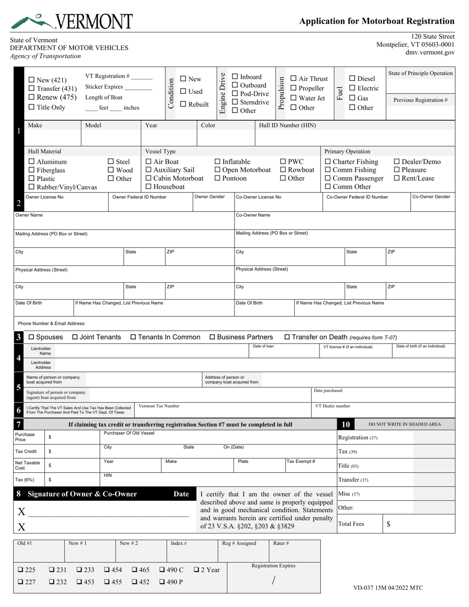 Form VD-037 Application for Motorboat Registration - Vermont, Page 1
