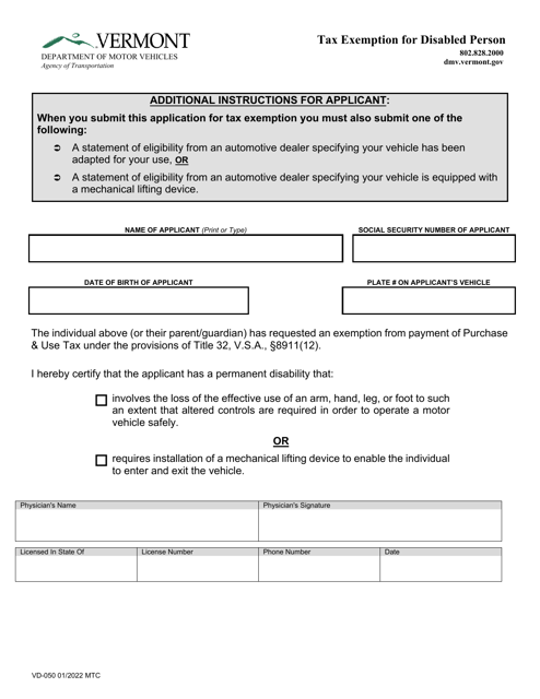 Form VD-050 Tax Exemption for Disabled Person - Vermont
