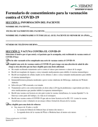 &quot;Formulario De Consentimiento Para La Vacunacion Contra El Covid-19&quot; - Vermont (Spanish)
