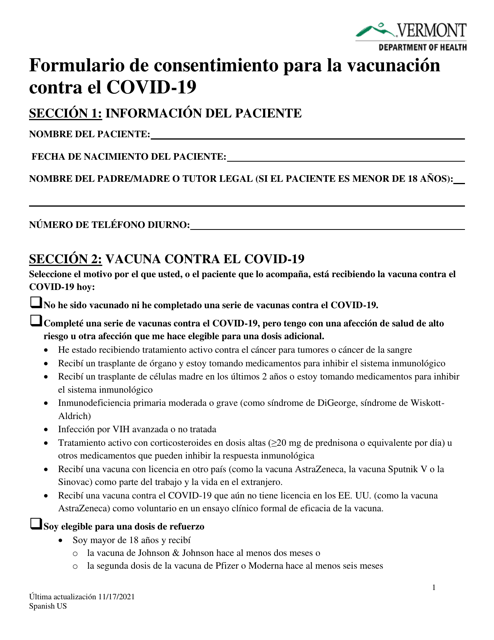 &quot;Formulario De Consentimiento Para La Vacunacion Contra El Covid-19&quot; - Vermont (Spanish) Download Pdf