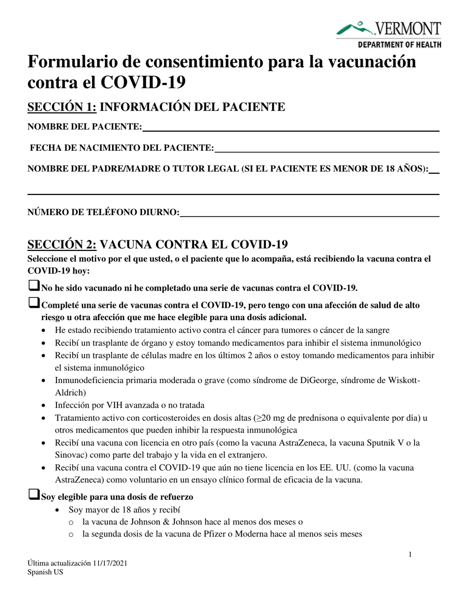 Formulario De Consentimiento Para La Vacunacion Contra El Covid-19 - Vermont (Spanish), Page 1