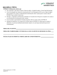&quot;Formulario De Consentimiento Para La Vacunacion Contra El Covid-19&quot; - Vermont (Spanish), Page 2