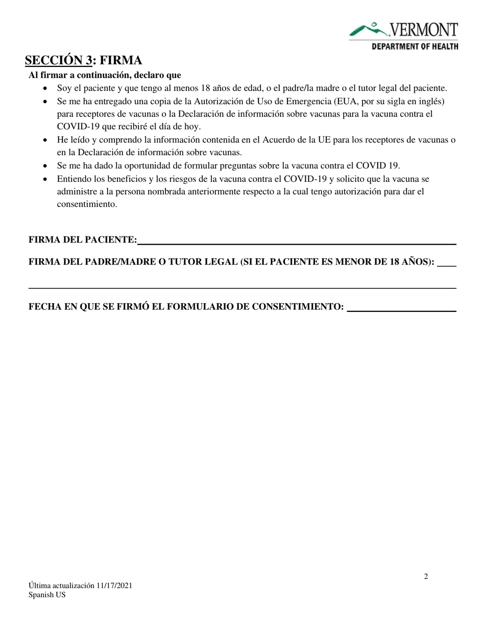 Formulario De Consentimiento Para La Vacunacion Contra El Covid-19 - Vermont (Spanish), Page 2