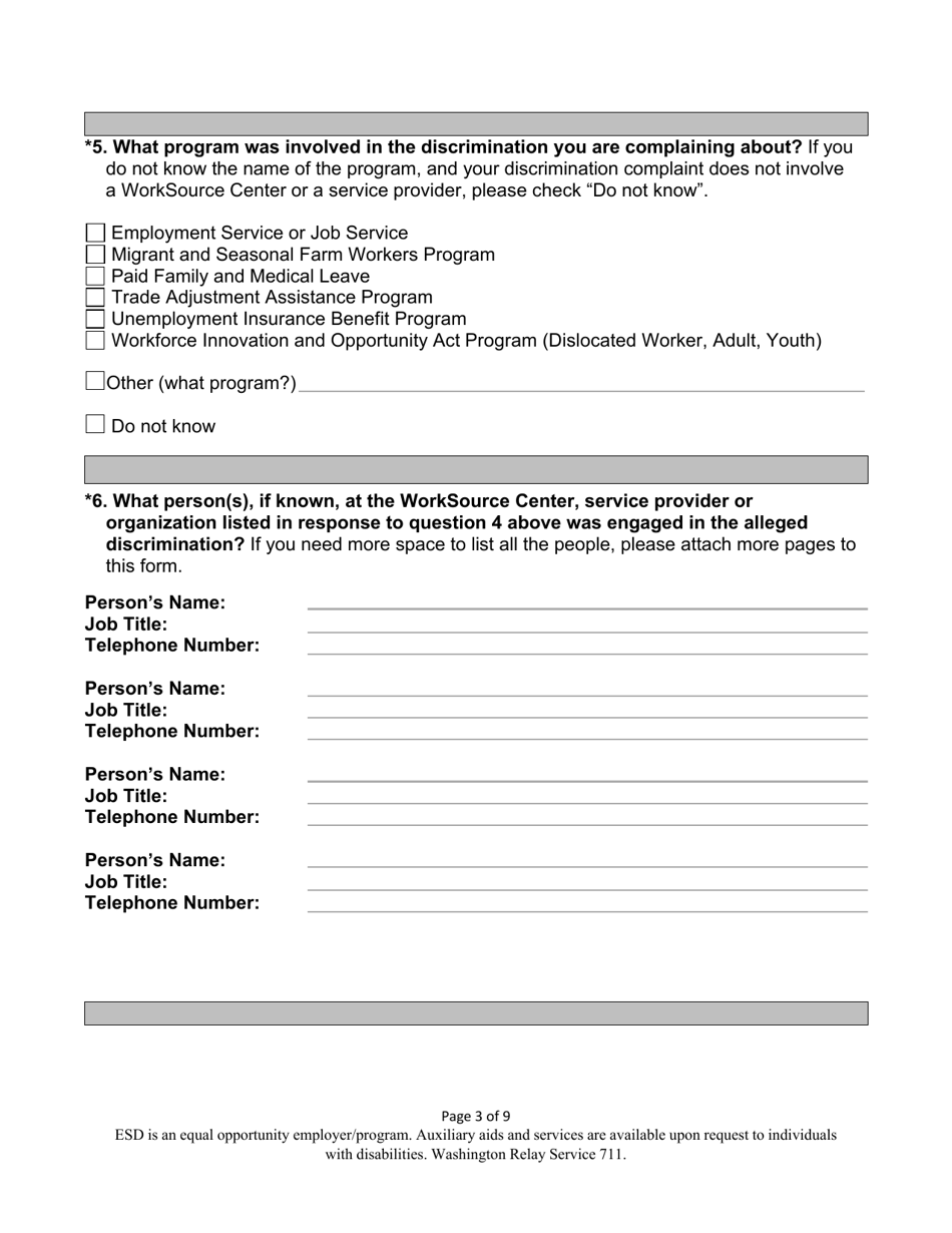 Washington Discrimination Complaint Form - Washington, Page 3