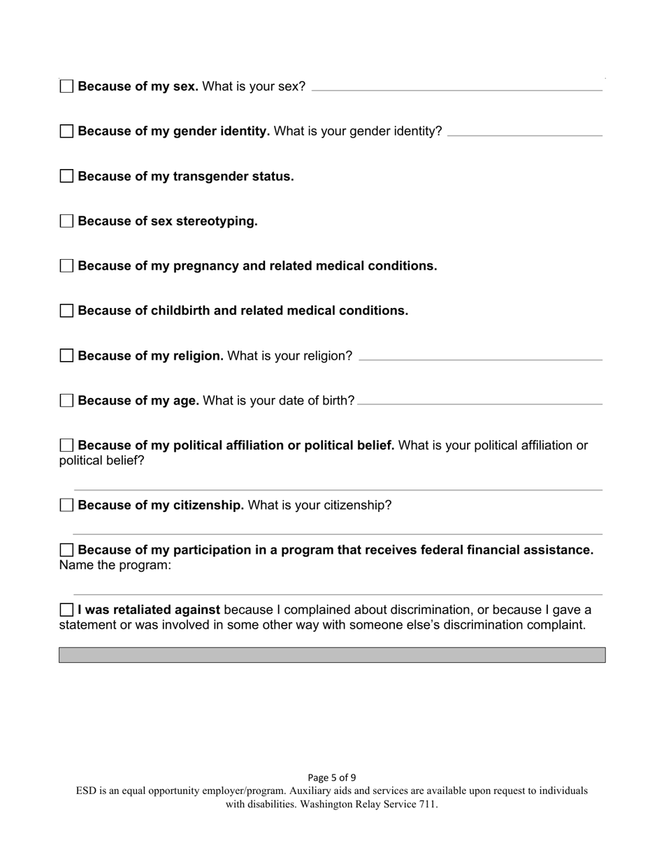 Washington Discrimination Complaint Form - Washington, Page 5