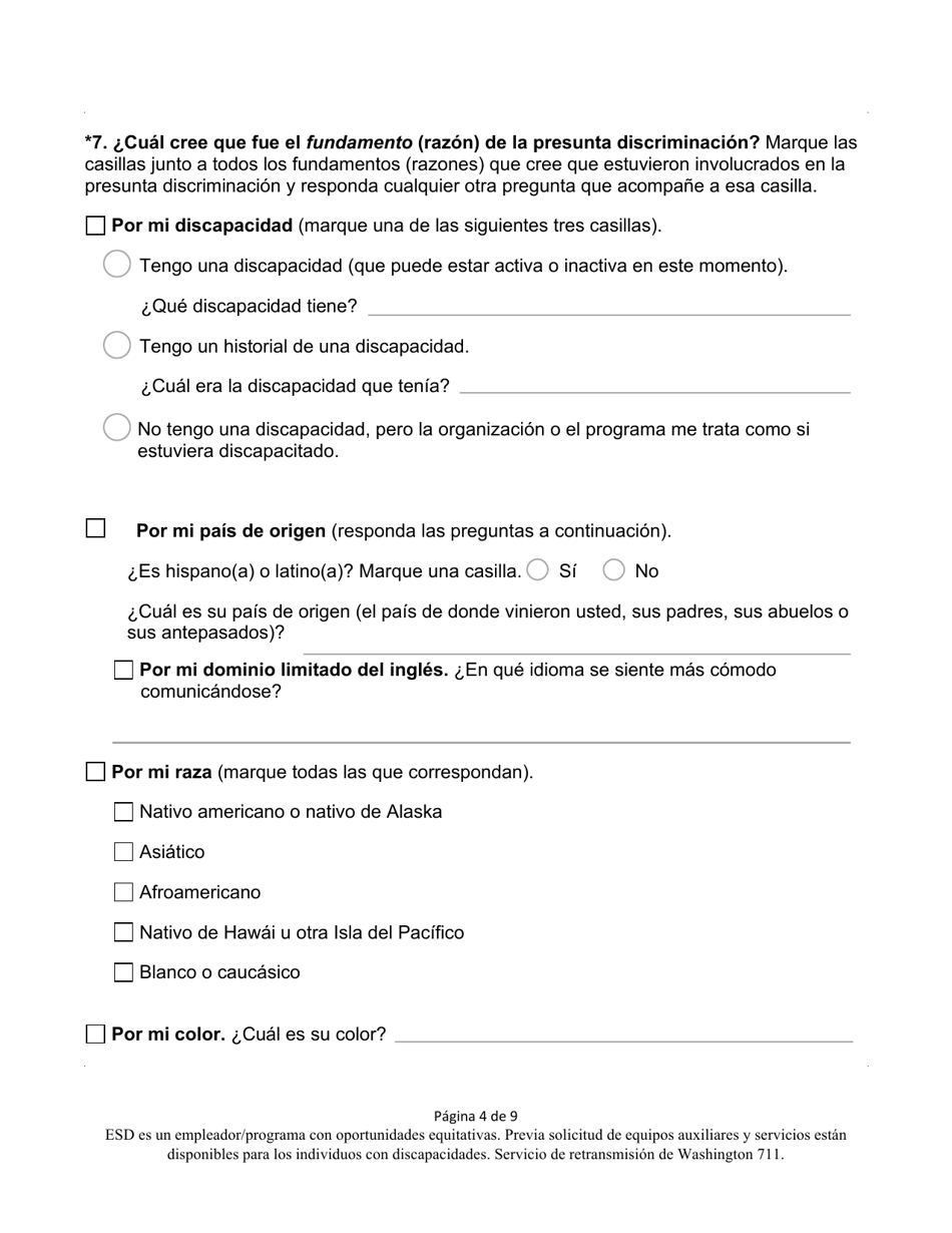 Formulario De Queja Por Discriminacion De Washington - Washington (Spanish), Page 4