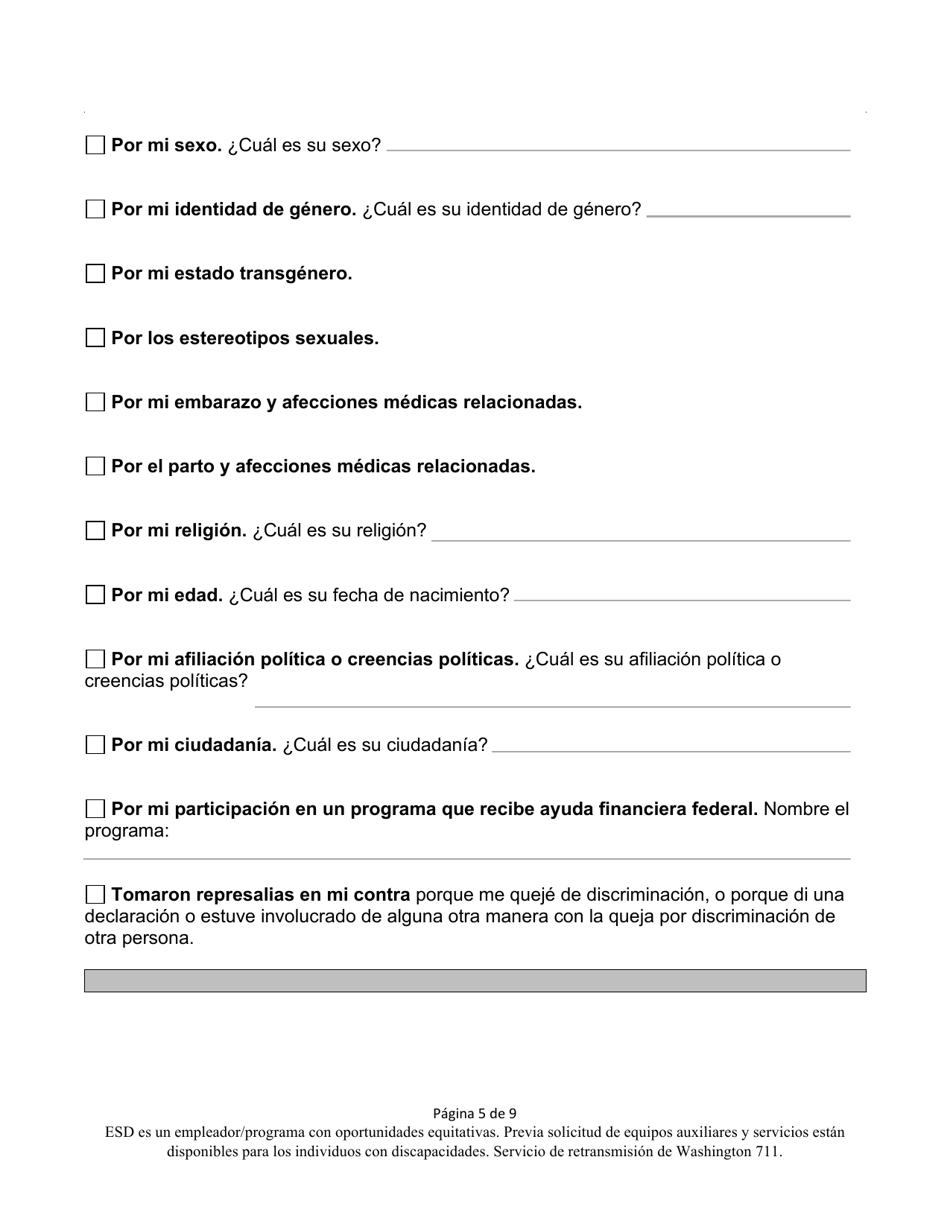 Formulario De Queja Por Discriminacion De Washington - Washington (Spanish), Page 5