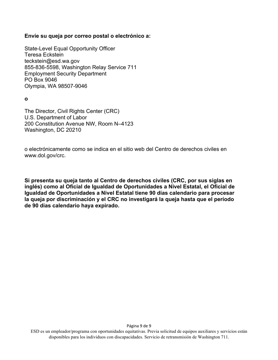 Formulario De Queja Por Discriminacion De Washington - Washington (Spanish), Page 9