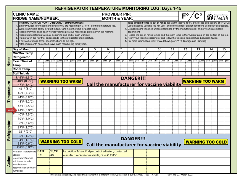 Document preview: DOH Form 348-077 Refrigerator Temperature Monitoring Log: Days 1-15 - Washington