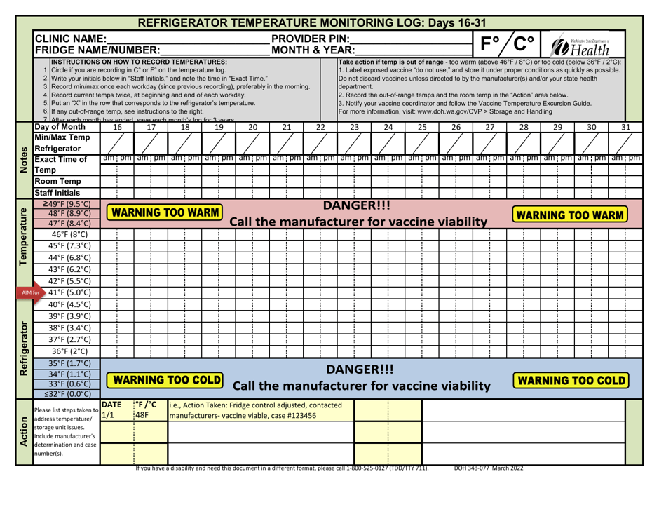 DOH Form 348-077 Refrigerator Temperature Monitoring Log: Days 1-15 - Washington, Page 2