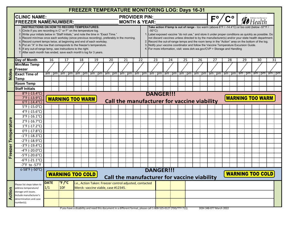 DOH Form 348-077 Refrigerator Temperature Monitoring Log: Days 1-15 - Washington, Page 4