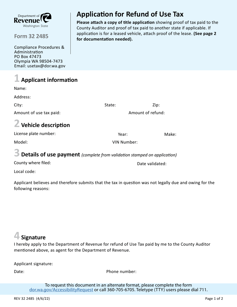 Form REV32 2485 Application for Refund of Use Tax - Washington, Page 1