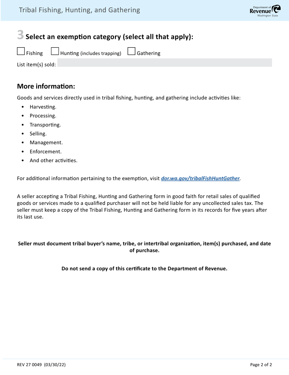 Form REV27 0049 Tribal Fishing, Hunting, and Gathering - Washington, Page 2