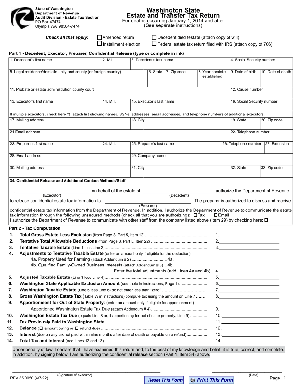 Form REV85 0050 Washington State Estate and Transfer Tax Return for Deaths Occurring January 1, 2014 and After - Washington, Page 1