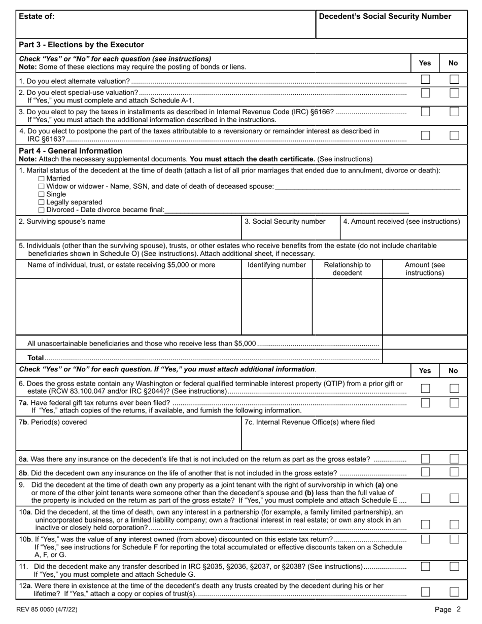Form REV85 0050 Washington State Estate and Transfer Tax Return for Deaths Occurring January 1, 2014 and After - Washington, Page 2