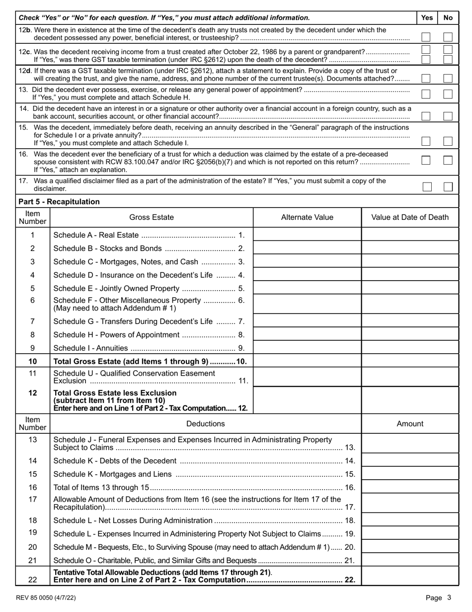 Form REV85 0050 Washington State Estate and Transfer Tax Return for Deaths Occurring January 1, 2014 and After - Washington, Page 3
