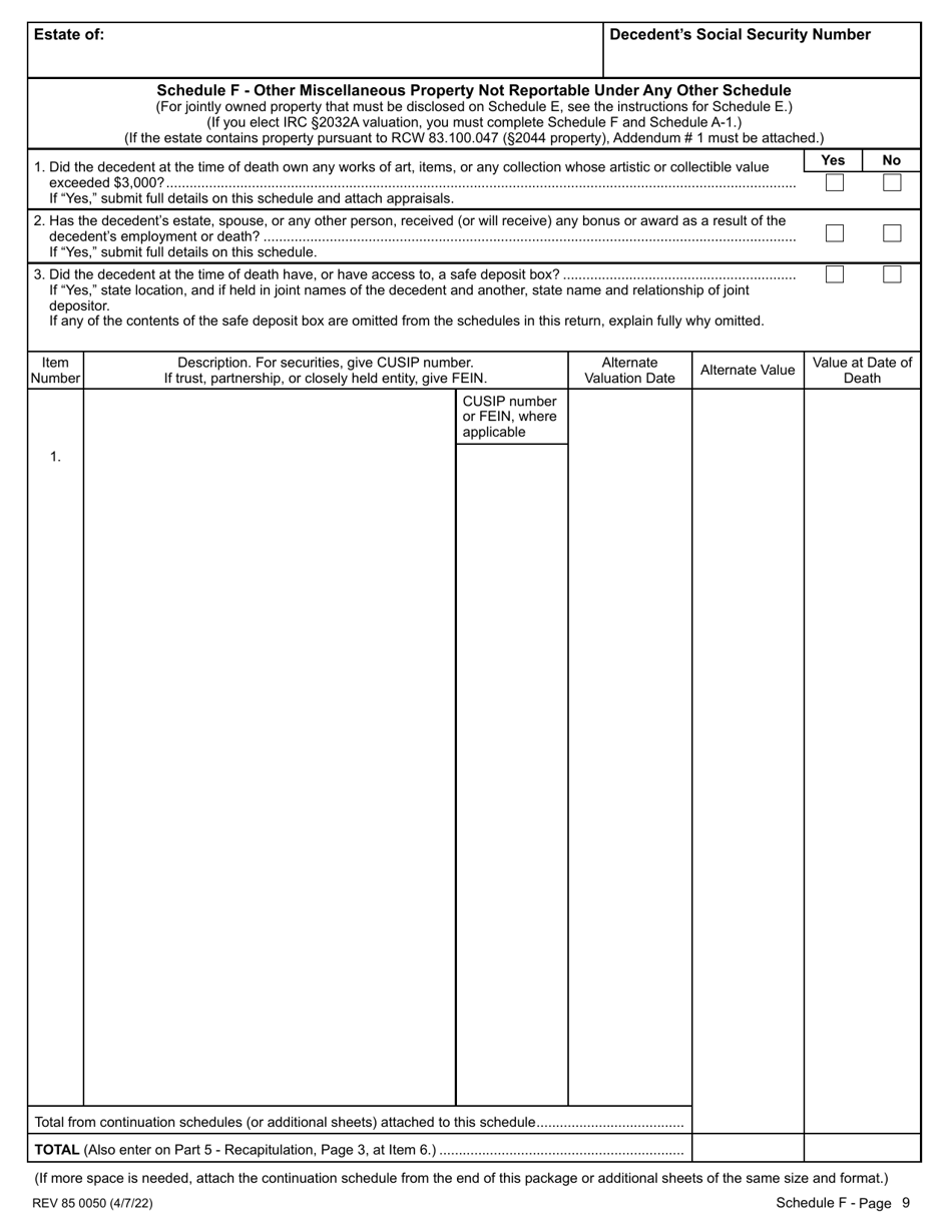 Form REV85 0050 Washington State Estate and Transfer Tax Return for Deaths Occurring January 1, 2014 and After - Washington, Page 9