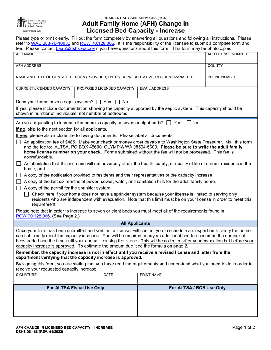 DSHS Form 06168 Download Printable PDF or Fill Online Adult Family Home (Afh) Change in
