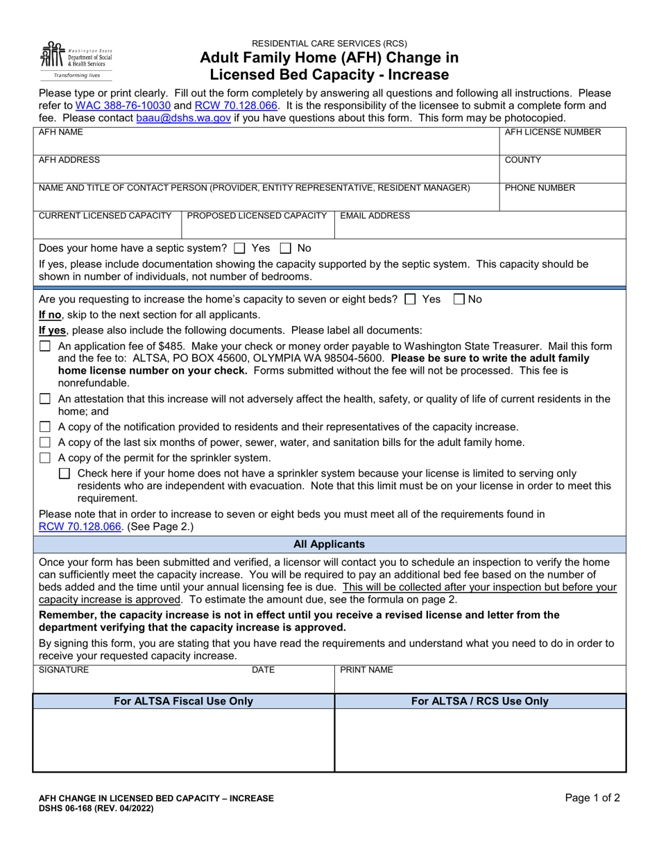 DSHS Form 06-168 Adult Family Home (Afh) Change in Licensed Bed Capacity - Increase (Residential Care Services) - Washington, Page 1