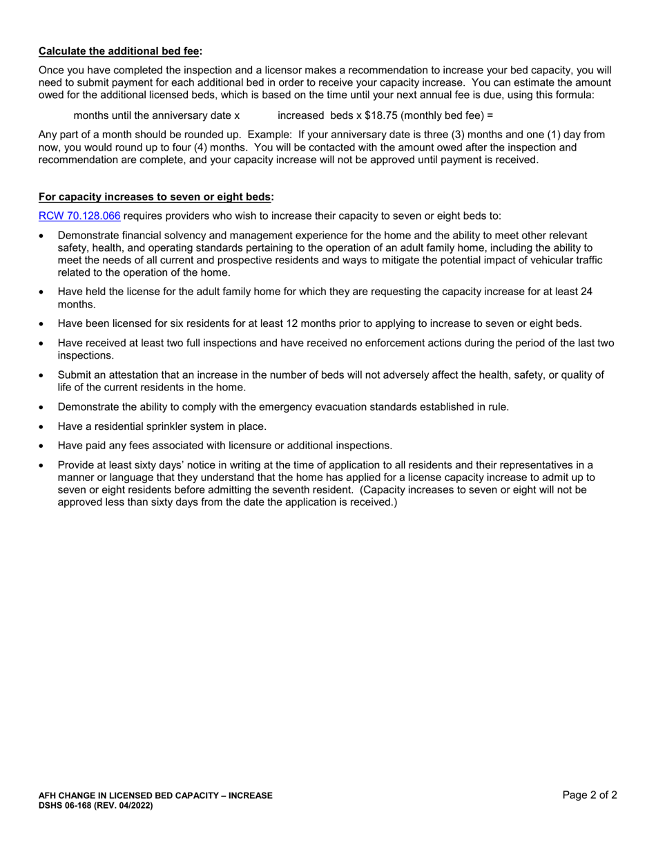 DSHS Form 06-168 Adult Family Home (Afh) Change in Licensed Bed Capacity - Increase (Residential Care Services) - Washington, Page 2