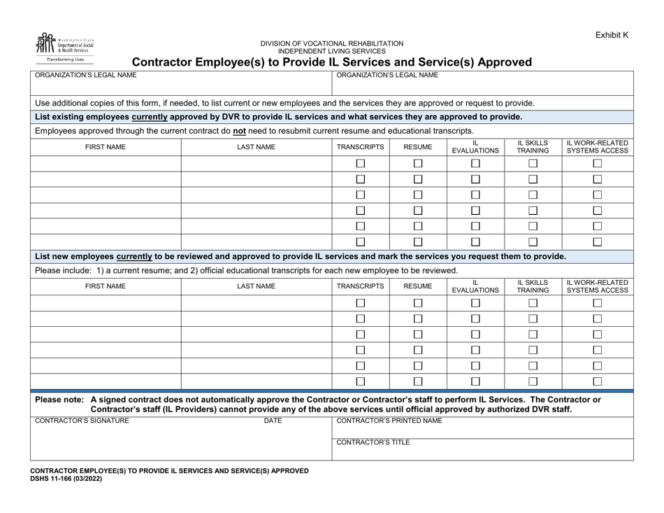 DSHS Form 11-166 Exhibit K Contractor Employee(S) to Provide IL Services and Service(S) Approved - Washington, Page 1