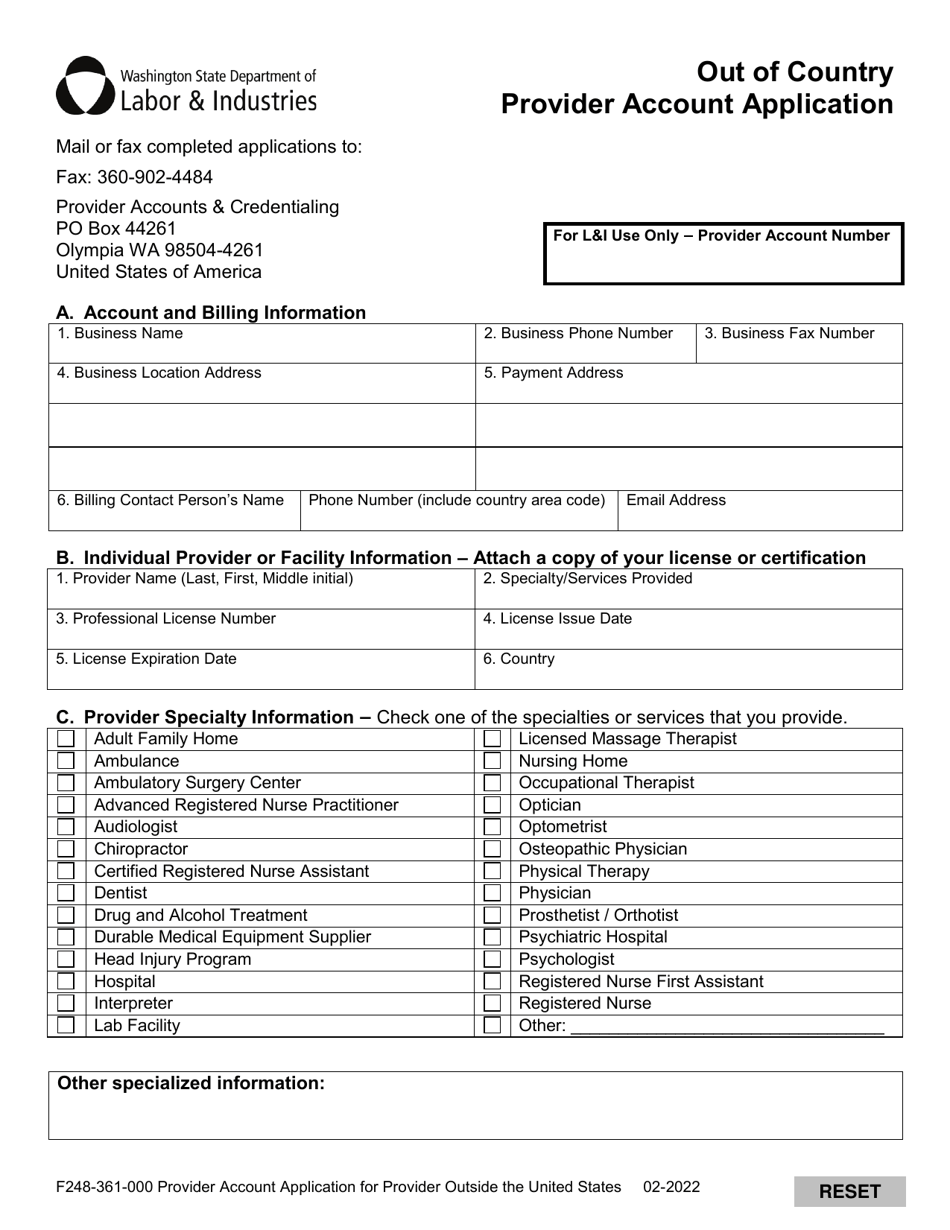 Form F248-361-000 Out of Country Provider Account Application - Washington, Page 3