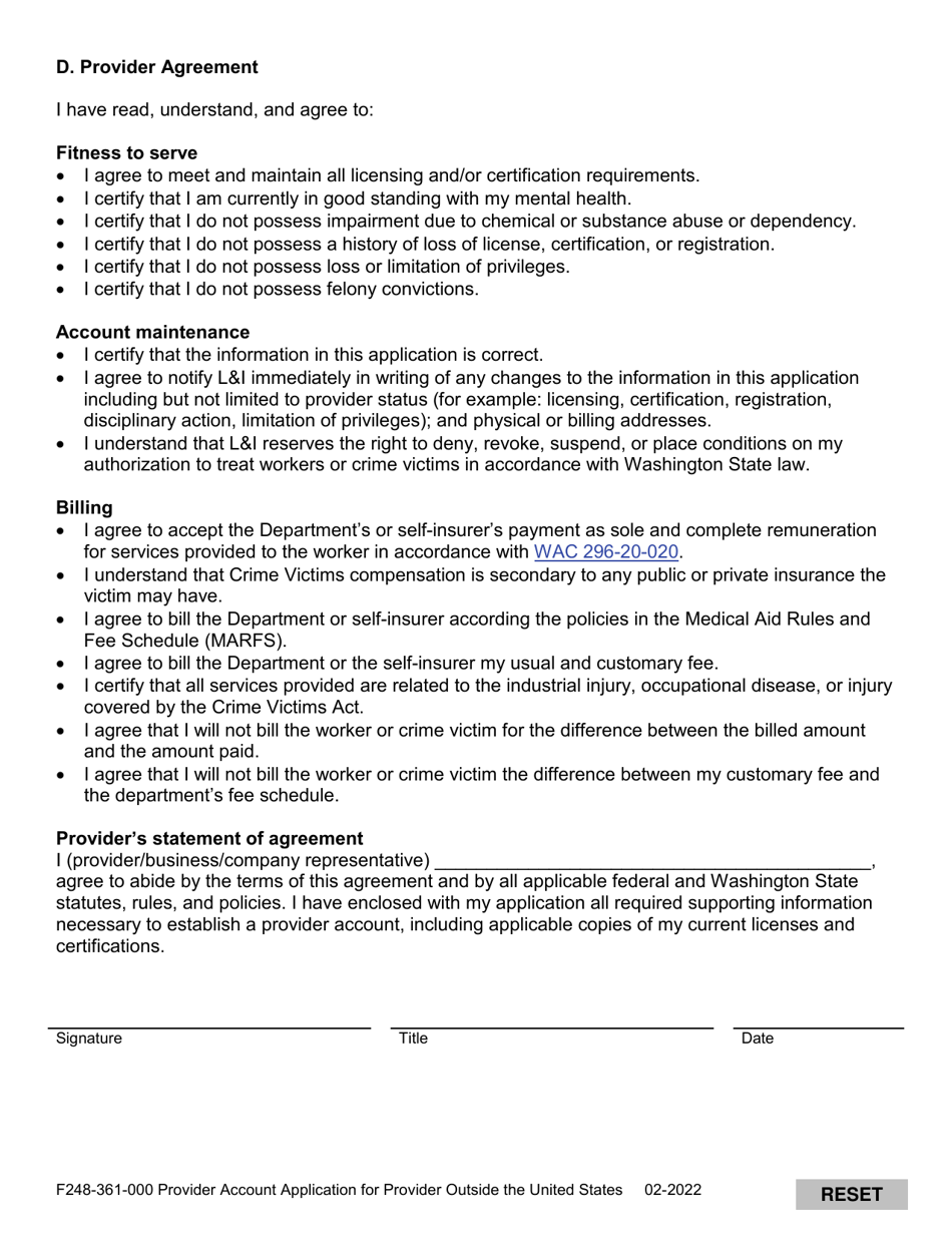 Form F248-361-000 Out of Country Provider Account Application - Washington, Page 4