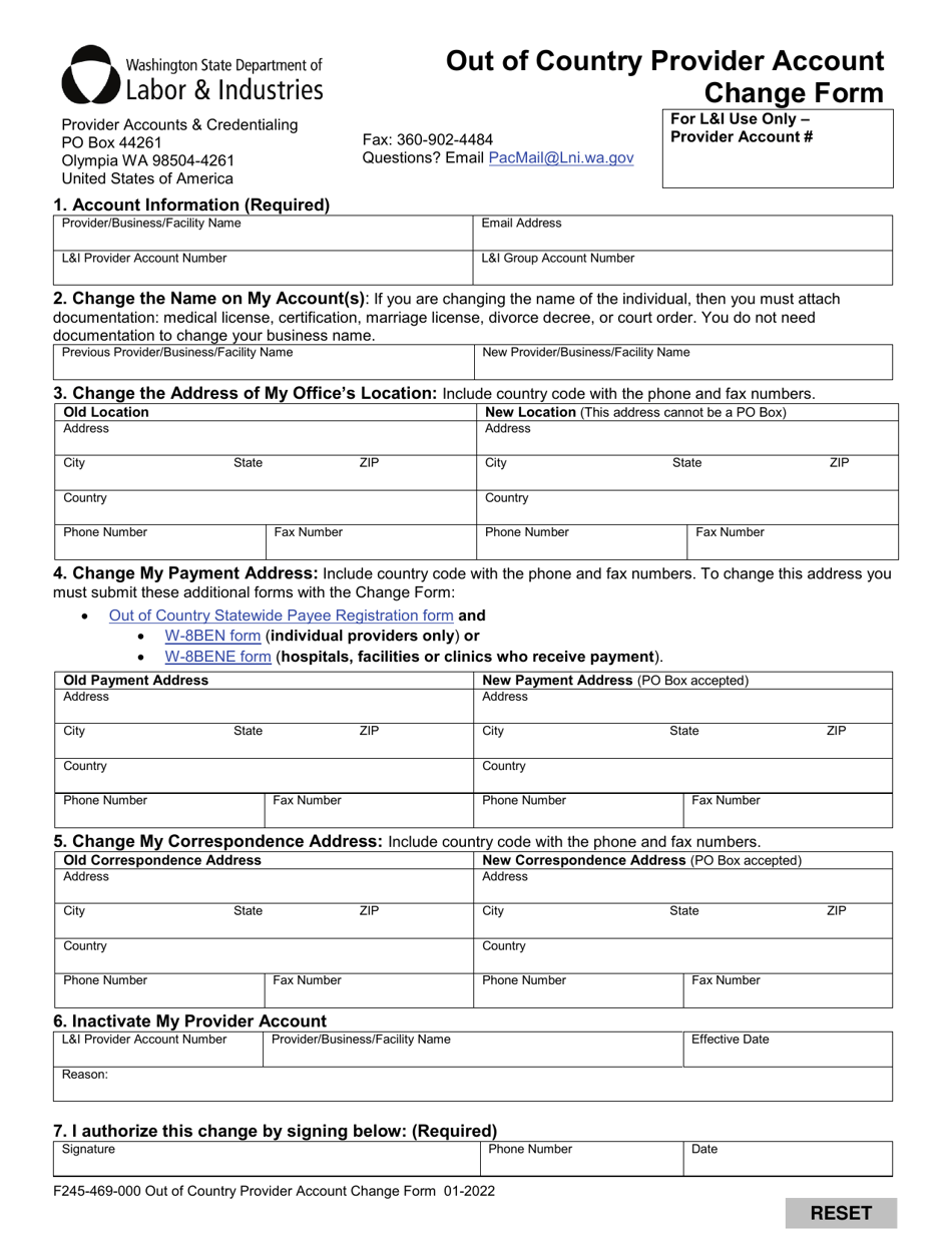 Form F245-469-000 Out of Country Provider Account Change Form - Washington, Page 1