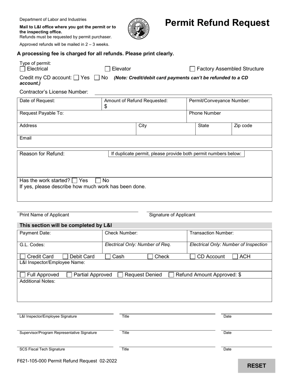 Form F621-105-000 Permit Refund Request - Washington, Page 1