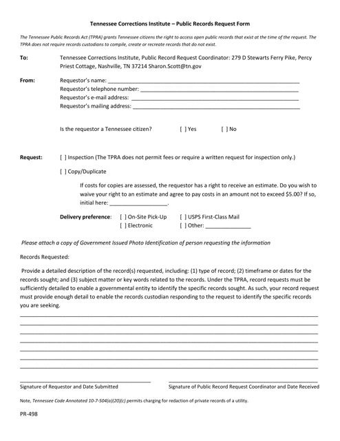 Form PR-498 Public Records Request Form - Tennessee Corrections Institute - Tennessee