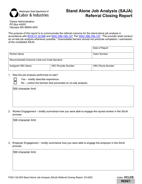 Form F252-132-000 Stand Alone Job Analysis (Saja) Referral Closing Report - Washington