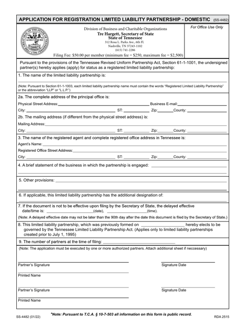 Form SS-4482 Application for Registration Limited Liability Partnership - Domestic - Tennessee