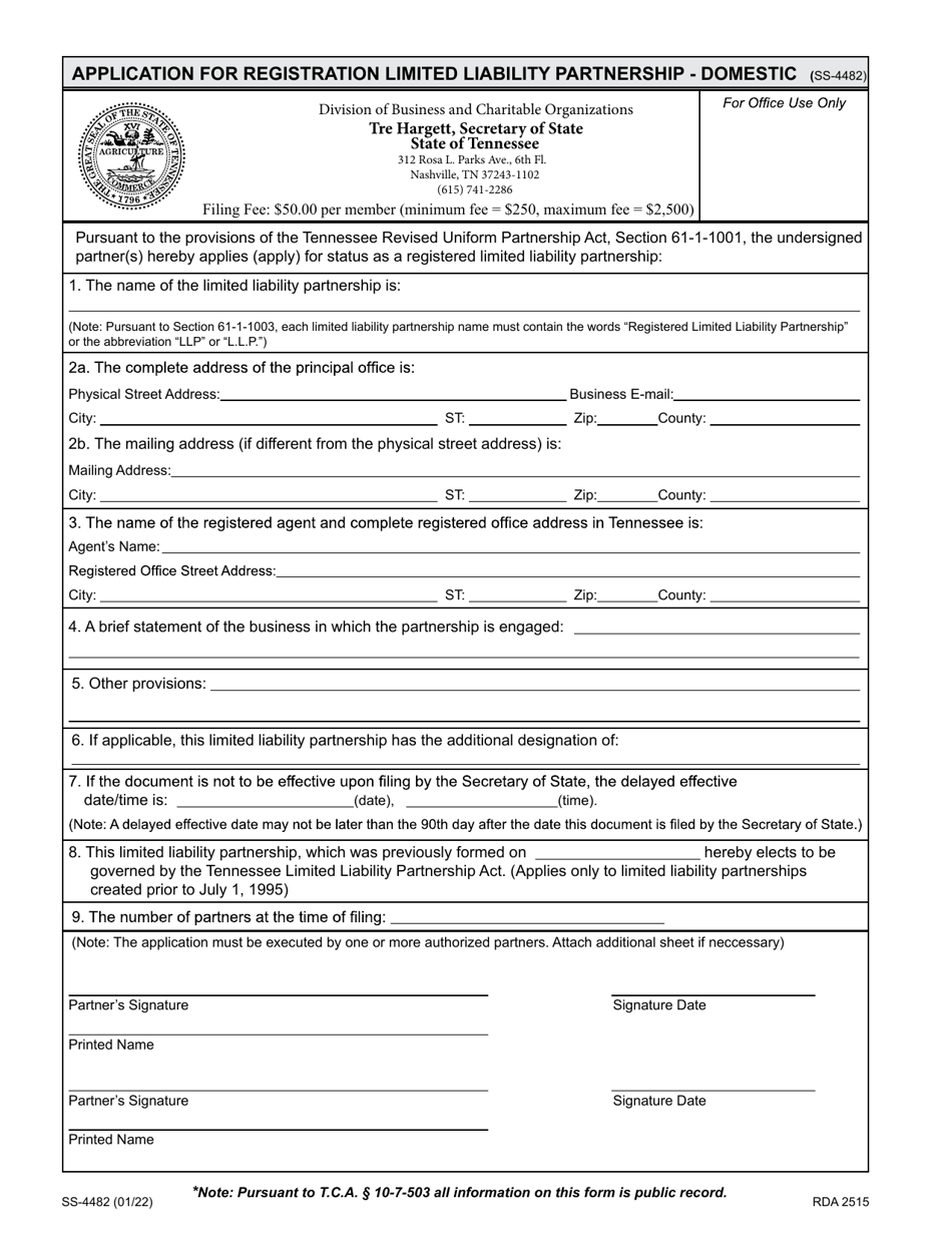 Form SS-4482 Application for Registration Limited Liability Partnership - Domestic - Tennessee, Page 1