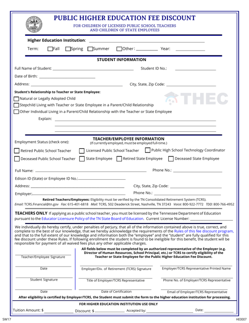 Form HE0007 Public Higher Education Fee Discount for Children of Licensed Public School Teachers and Children of State Employees - Tennessee