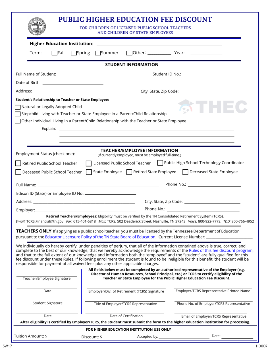 Form HE0007 Public Higher Education Fee Discount for Children of Licensed Public School Teachers and Children of State Employees - Tennessee, Page 1