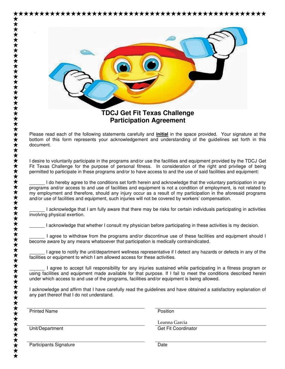 Tdcj Get Fit Texas Challenge Participation Agreement - Texas, Page 1