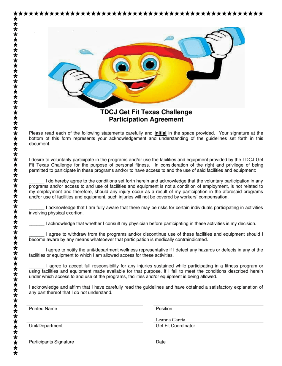 Texas tdcj get fit texas challenge participation agreement fill out